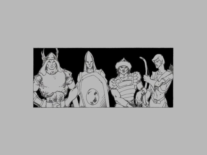 four fantasy warriors in black and white