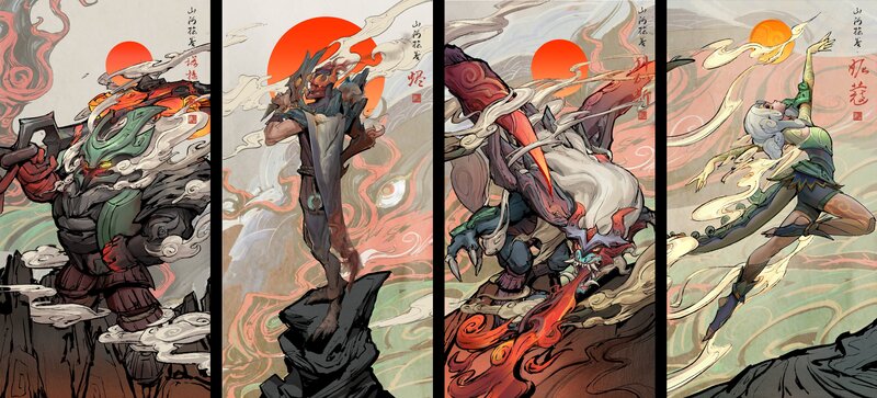 Four Fantasy Warriors — Red, Dramatic