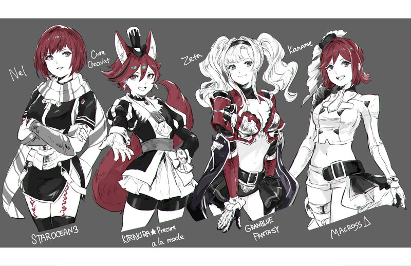 Four Female Anime Characters — Gray