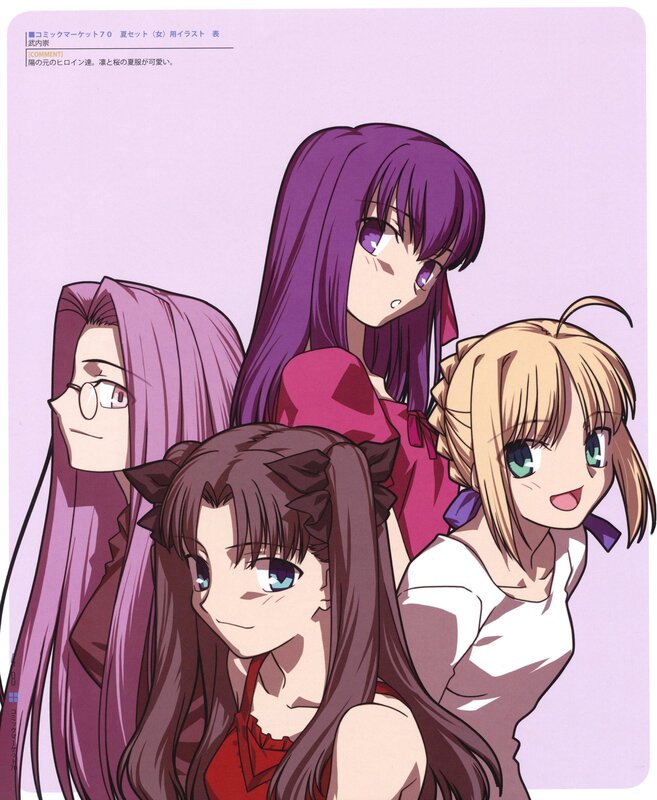 Four female anime characters in summer outfits