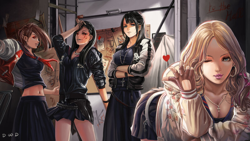Four Female Characters — Black, Dramatic, Digital Art, School Uniforms
