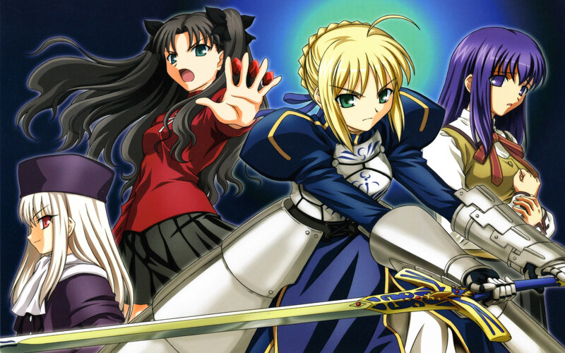 Four Female Characters — Blue, Dramatic, Night, Anime, Sword