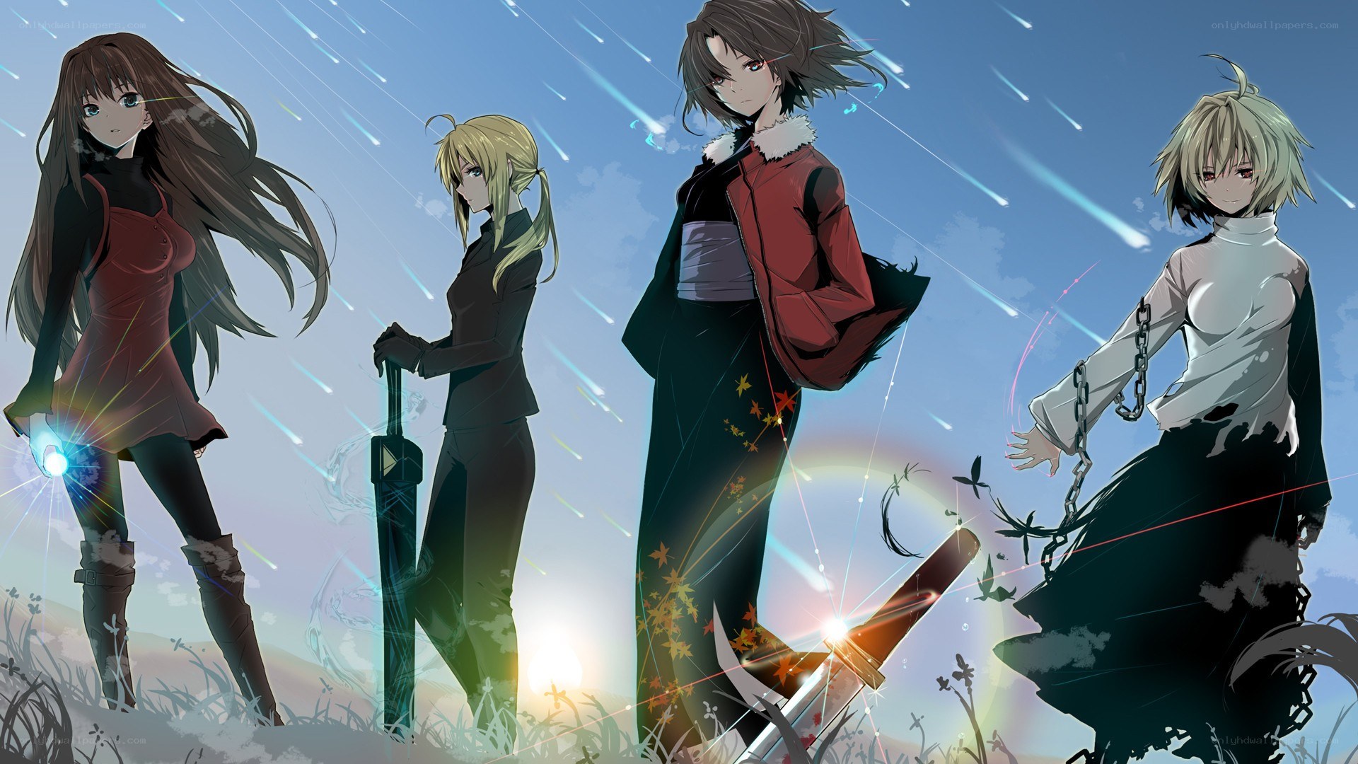 Four female characters in a field