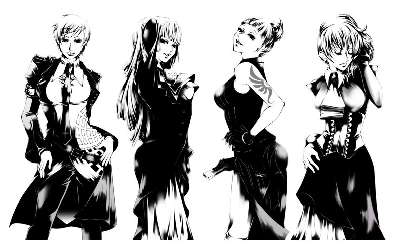 four female characters in black and white