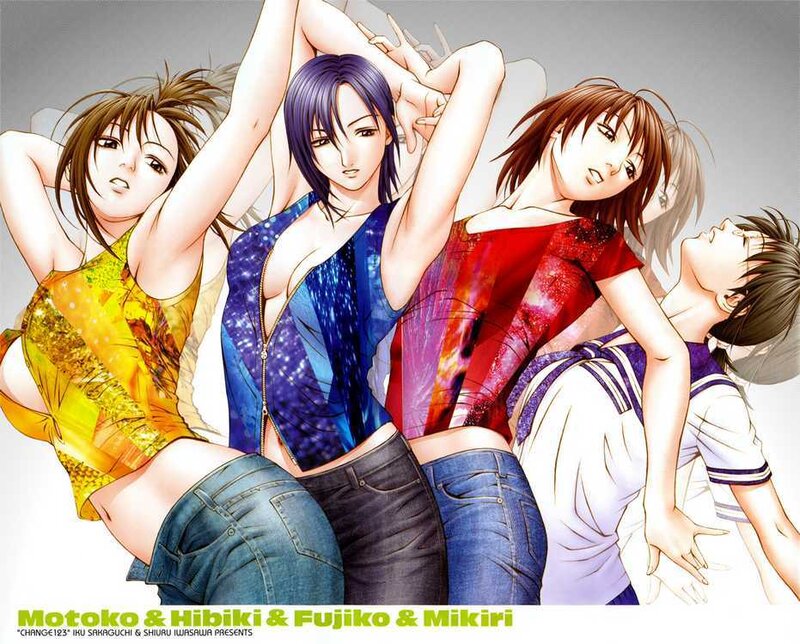 Four female characters in colorful outfits