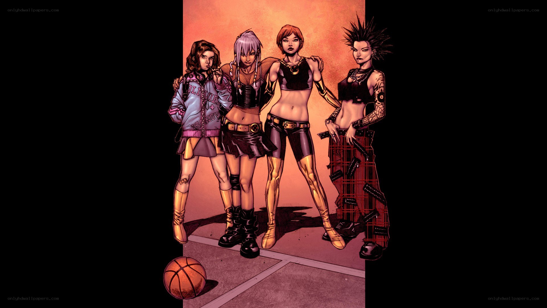 four female characters in comic art
