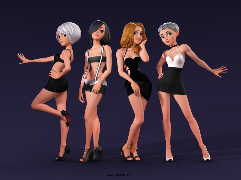 Four female characters in stylish outfits