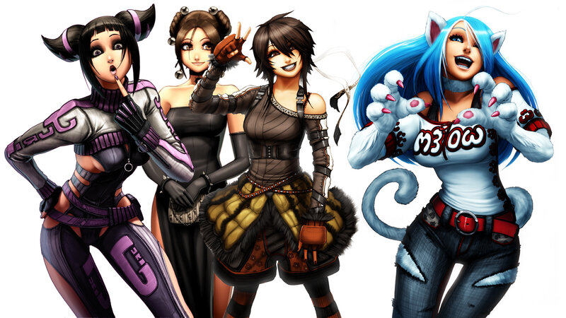 Four female characters in stylized outfits
