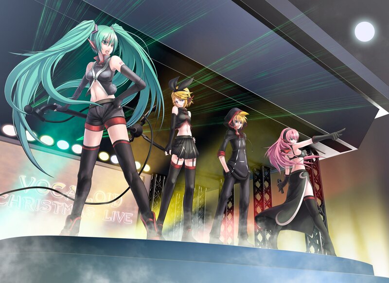 Four Female Characters on Stage — Black, Dramatic, Night