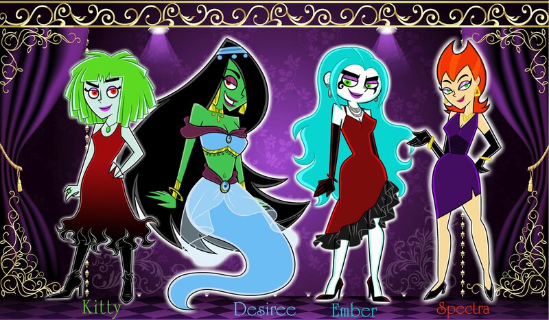 Four Female Characters on Stage — Purple