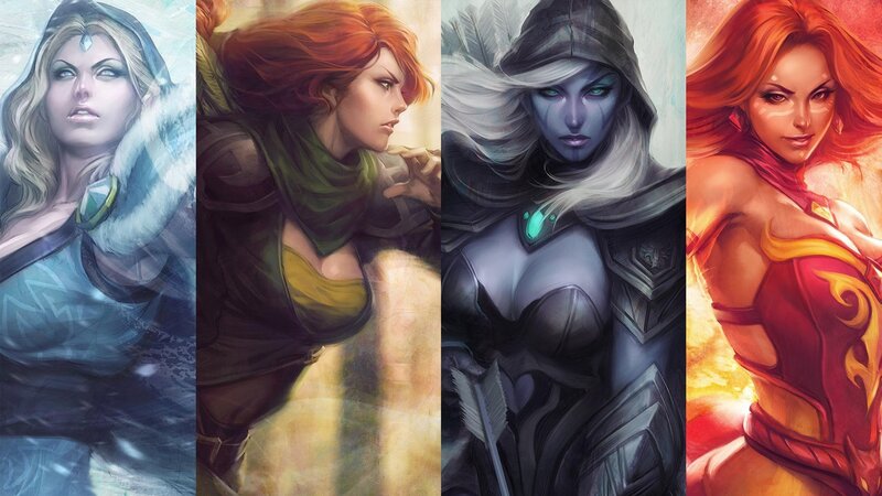 Four Female Characters — Red, Dramatic, Digital Art, Armor