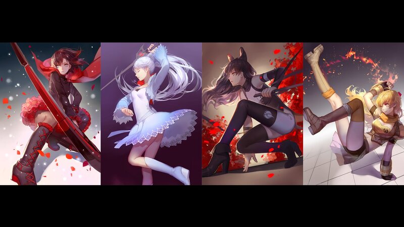Four Female Characters — Red, Dramatic, Digital Art, Swords, Ballet Dress, Cat Ears