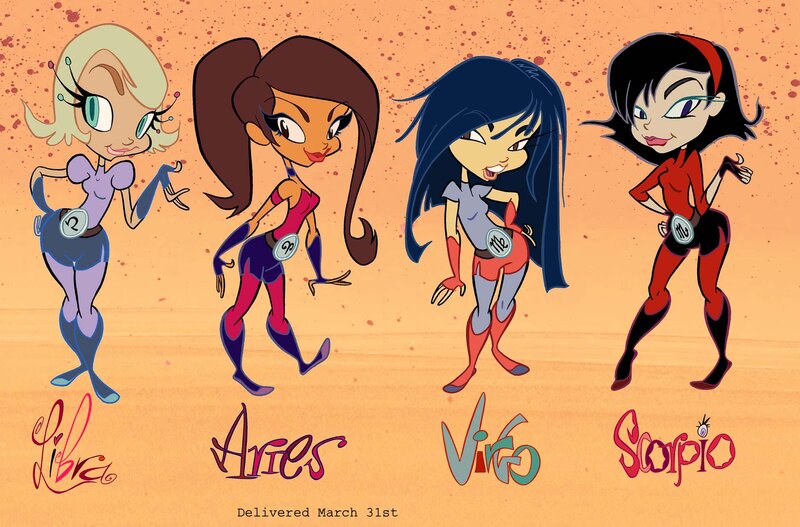 Four female characters with zodiac signs