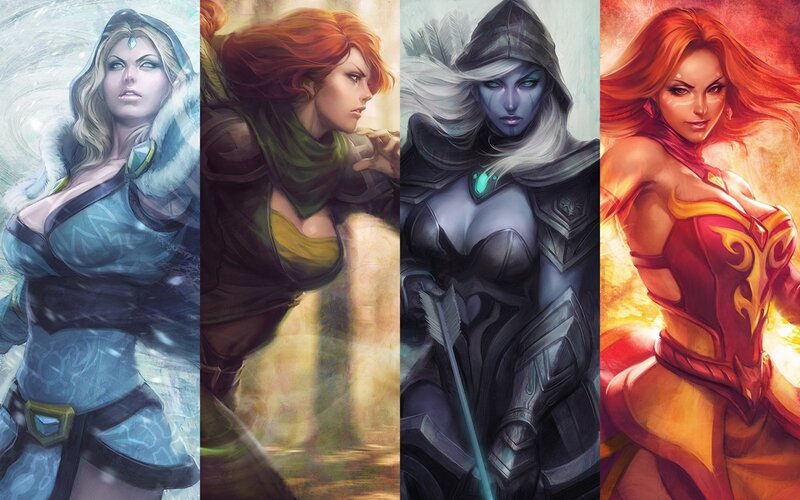 Four Female Fantasy Characters — Blue, Dramatic, Digital Art, Armor, Weapons, Magic, Red