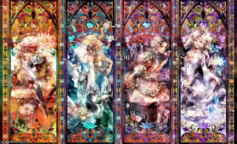 Four Female Figures in Stained Glass