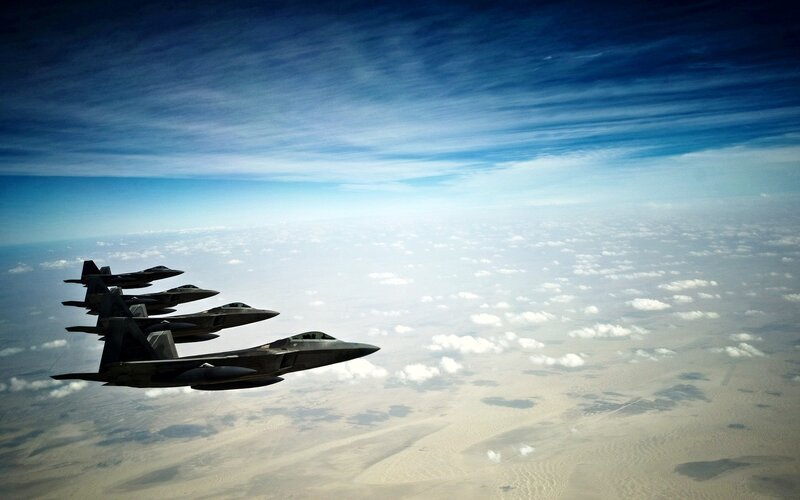 Four Fighter Jets in Formation — Blue, Dramatic, Afternoon, Photograph, Aircraft, Clouds, Sky, White