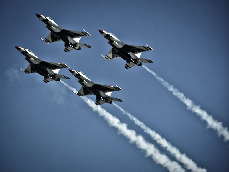Four Fighter Jets in Formation — Blue, Dramatic, Afternoon, Photograph, Smoke Trails, Blue Sky