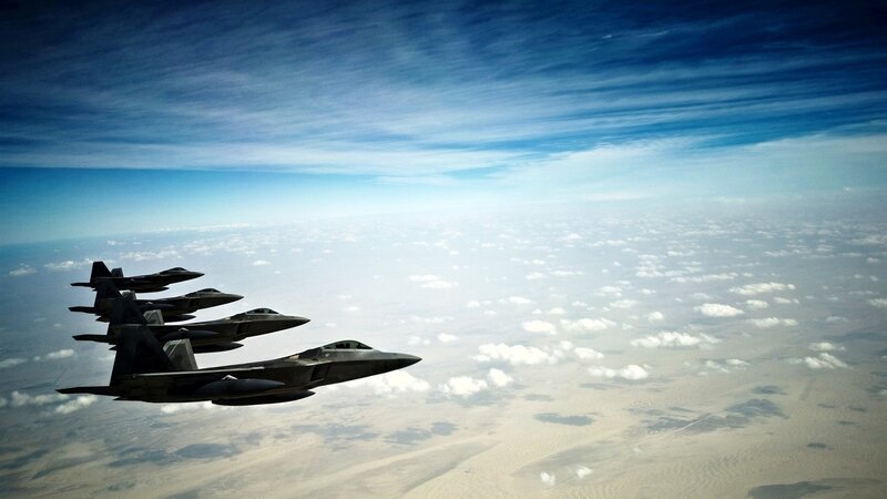Four Fighter Jets in Formation — Blue, Dramatic, Afternoon, Photograph