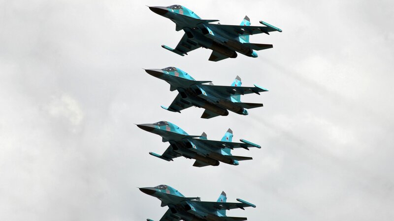 Four Fighter Jets in Formation — Blue, Dramatic, Photograph, Aircraft, Sky, Clouds