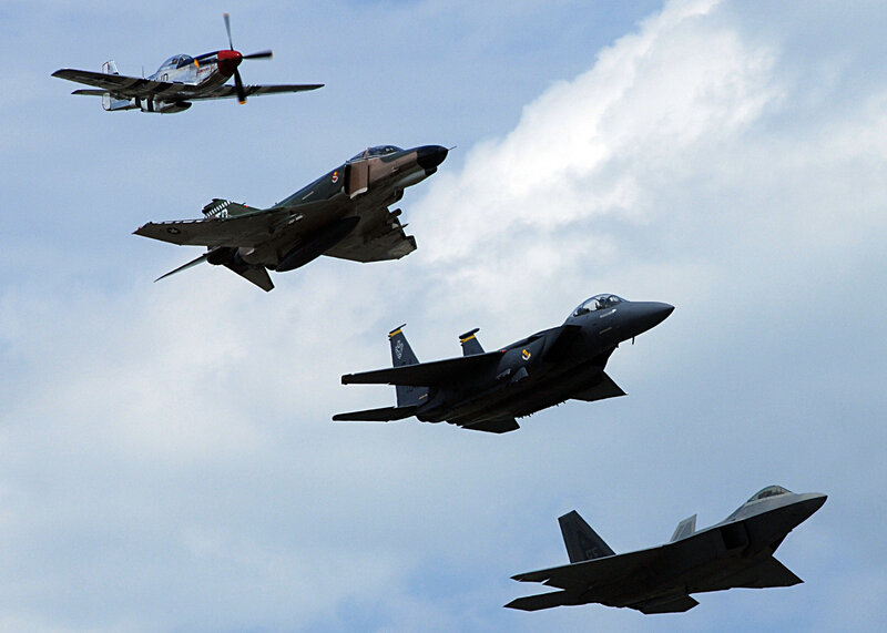 Four Fighter Jets in Formation — Blue, Dynamic, Afternoon, Photograph, Aircraft, Sky, Clouds, Gray