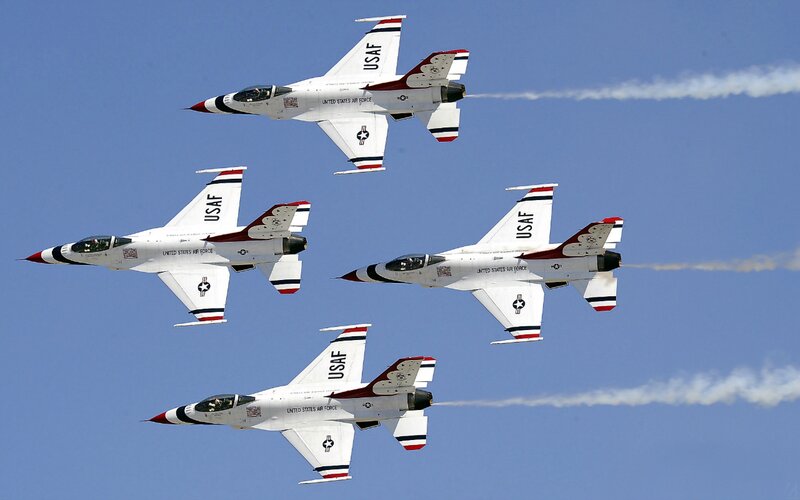 Four Fighter Jets in Formation — Blue, Dynamic, Afternoon, Photograph, Smoke Trails