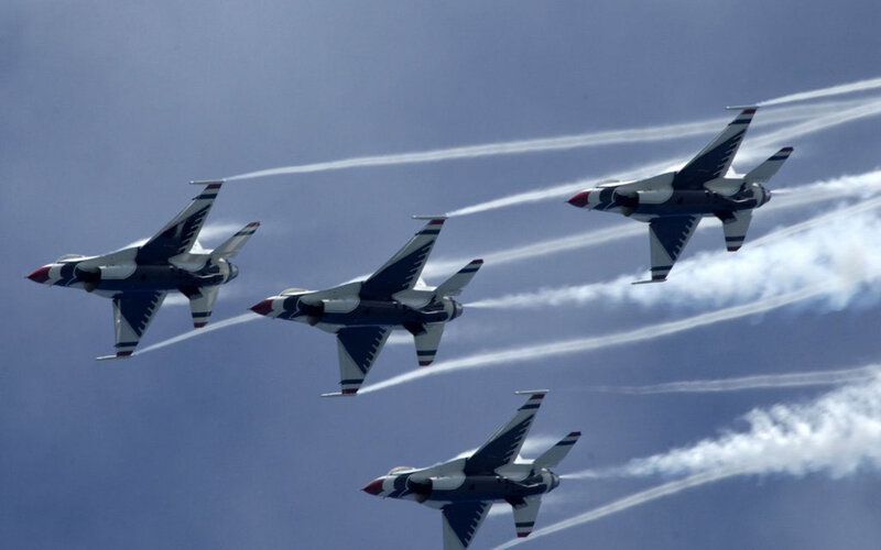 Four Fighter Jets in Formation — Blue, Dynamic