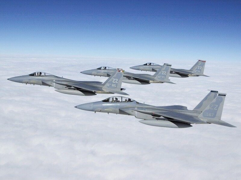 Four Fighter Jets in Formation — Gray, Calm