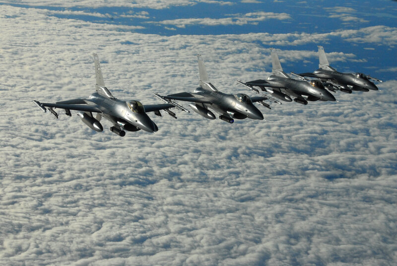 Four Fighter Jets in Formation — Gray, Dramatic, Afternoon, Photograph, Clouds, Sky