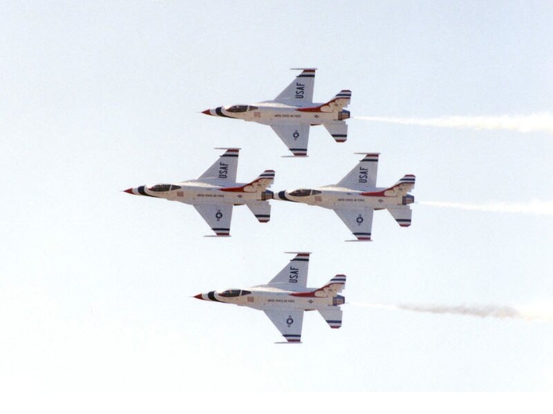 Four Fighter Jets in Formation — White, Dynamic, Afternoon