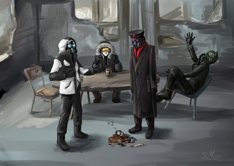 Four Figures in Gas Masks — Gray, Dramatic, Digital Art