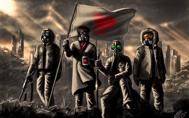 Four Figures in Gas Masks — Gray, Dramatic