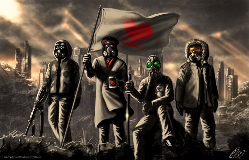 Four Figures in Gas Masks — Gray
