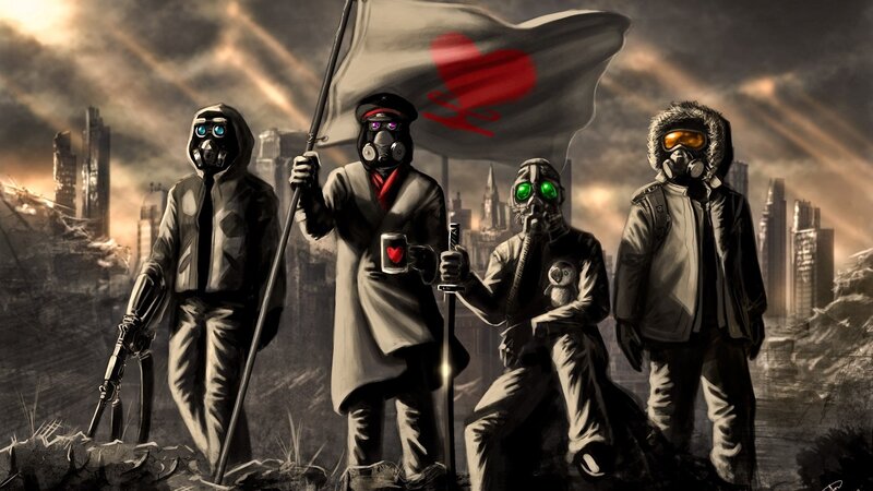 Four Figures in Gas Masks