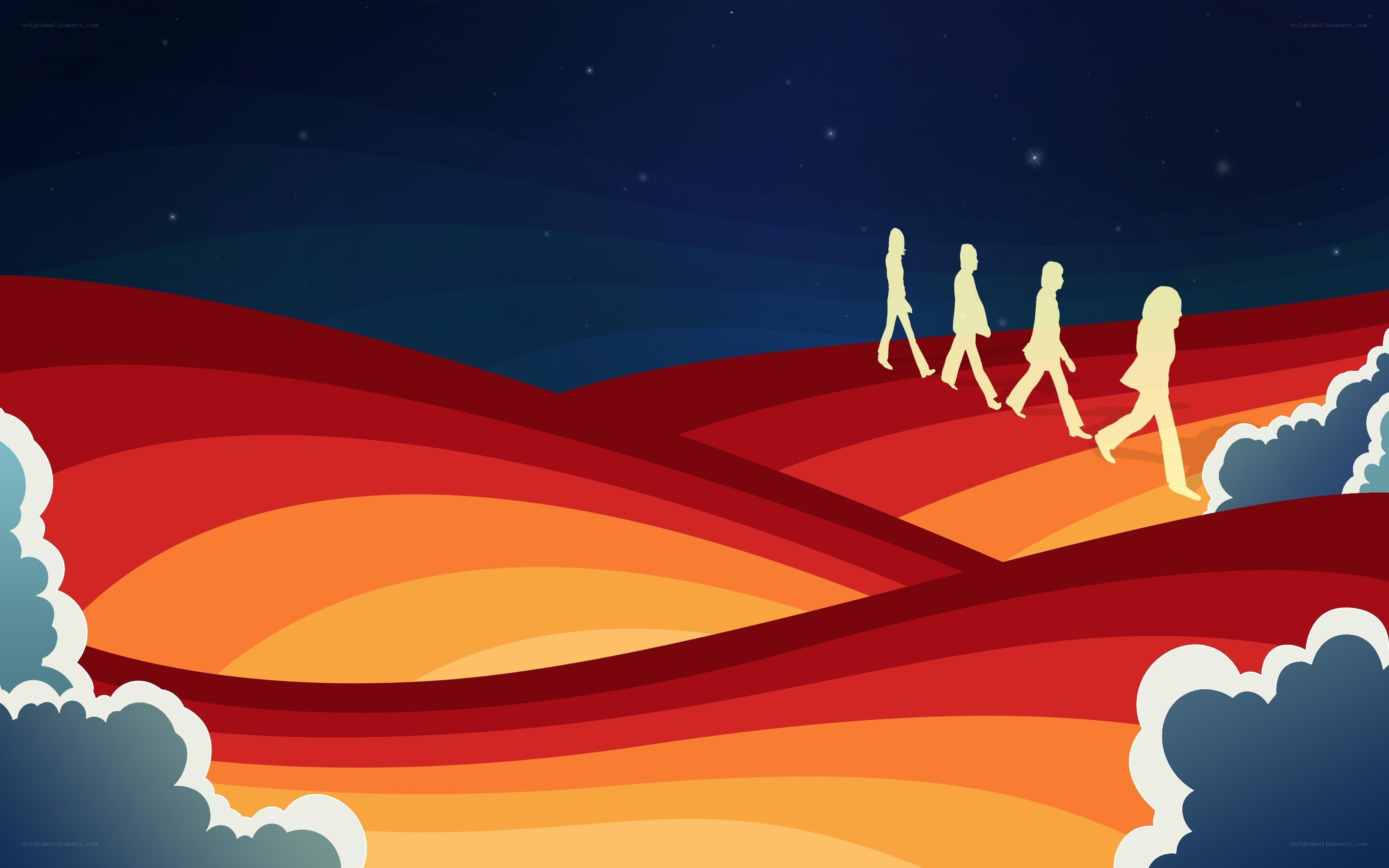 four figures walking on a colorful path