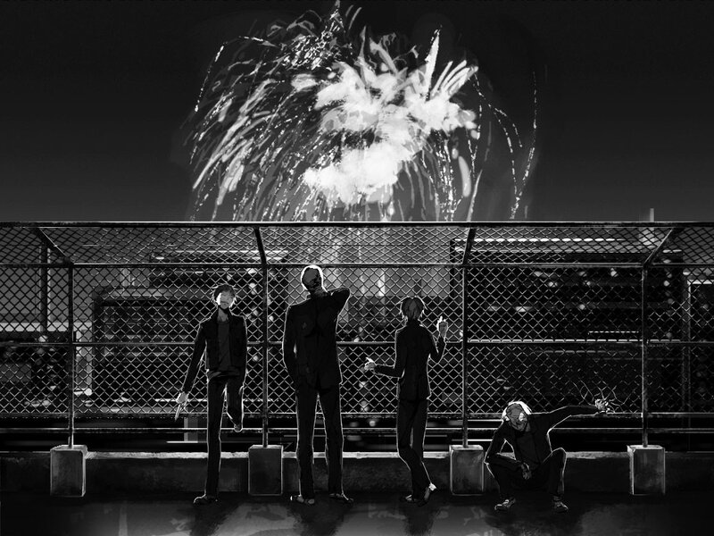 Four figures watch fireworks