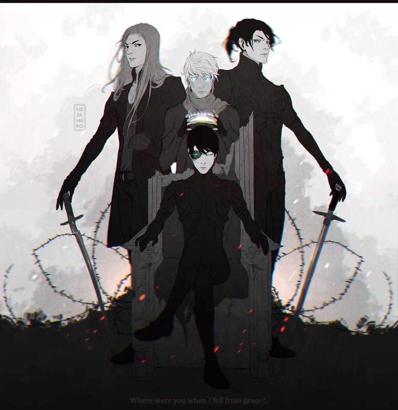 Four figures with swords