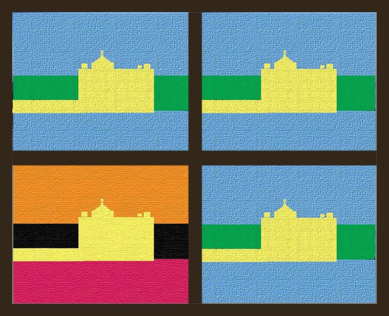 four flag designs with castle silhouettes