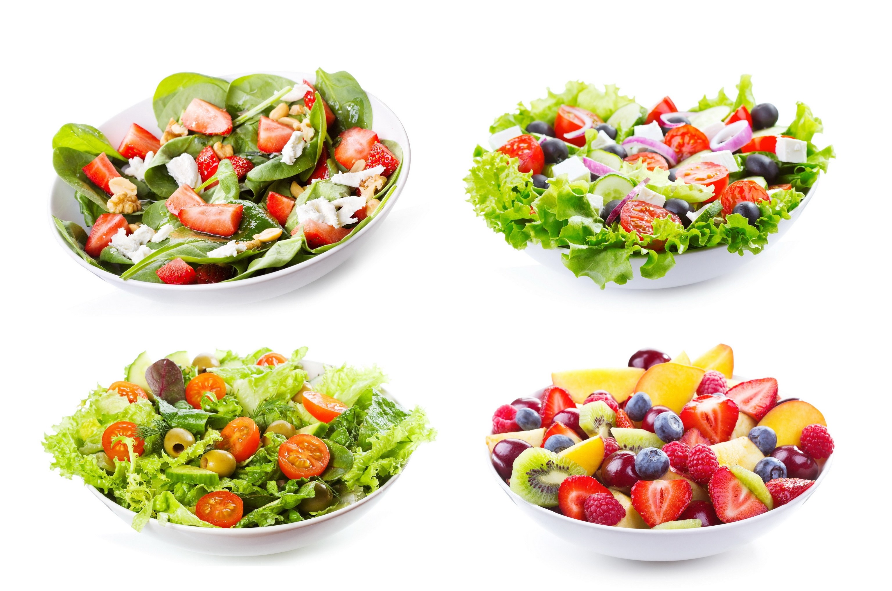 Four fresh salads in bowls