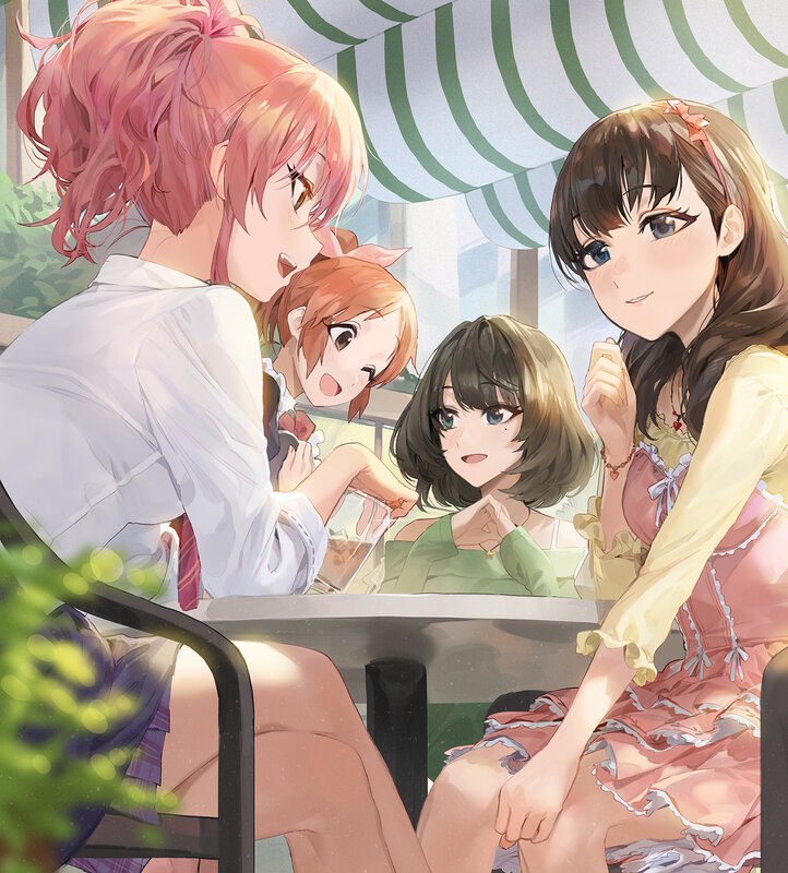 Four Girls at a Cafe Table — Pink