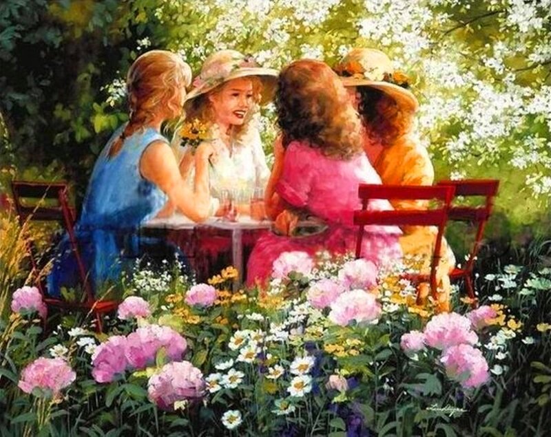 Four Girls at Table — Pink
