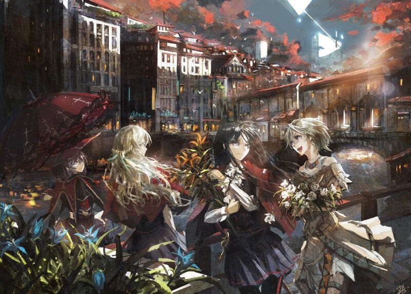 Four girls in a city at dusk