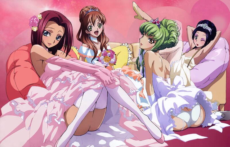 Four girls in colorful dresses