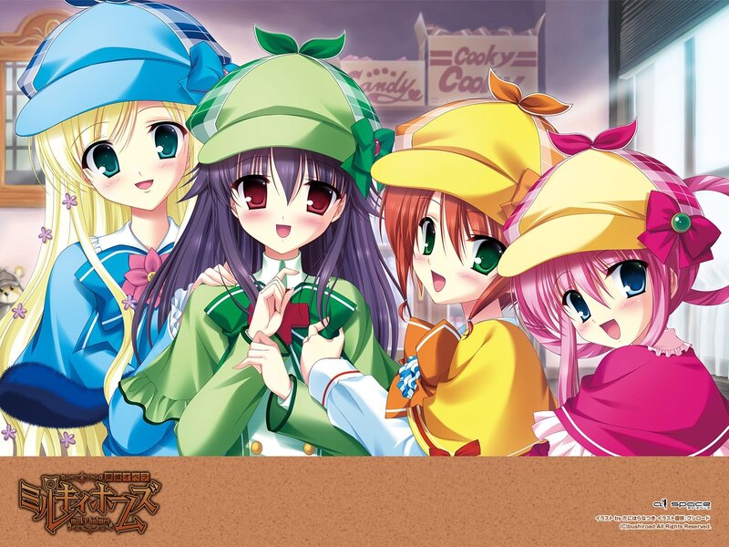 four girls in colorful hats