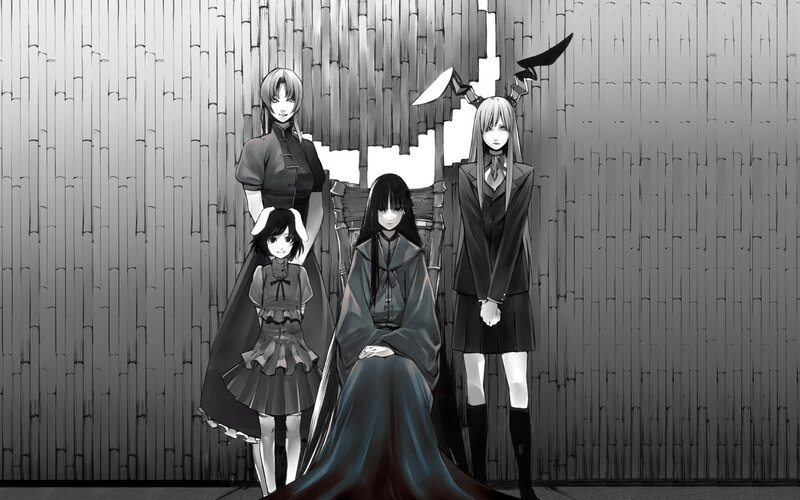 four girls in dark dresses
