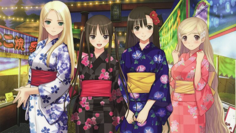Four girls in kimonos at festival