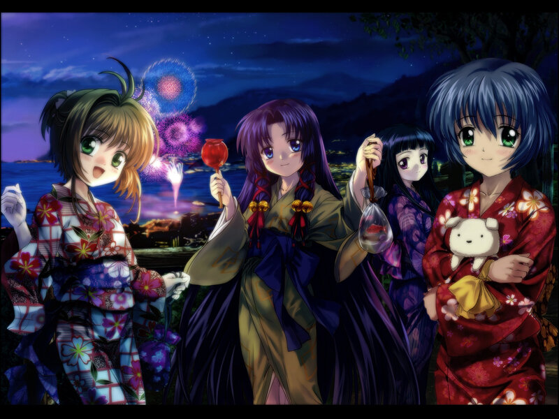 Four Girls in Kimonos — Blue, Festive, Night, Anime, Fireworks