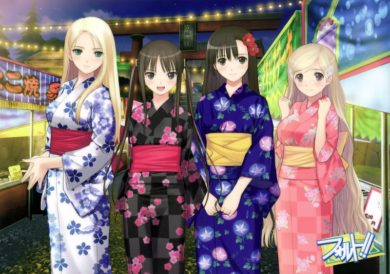 Four Girls in Kimonos — Blue, Festive, Night, Anime