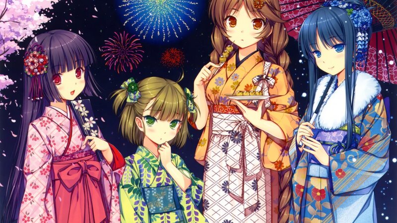 Four Girls in Kimonos — Blue, Festive
