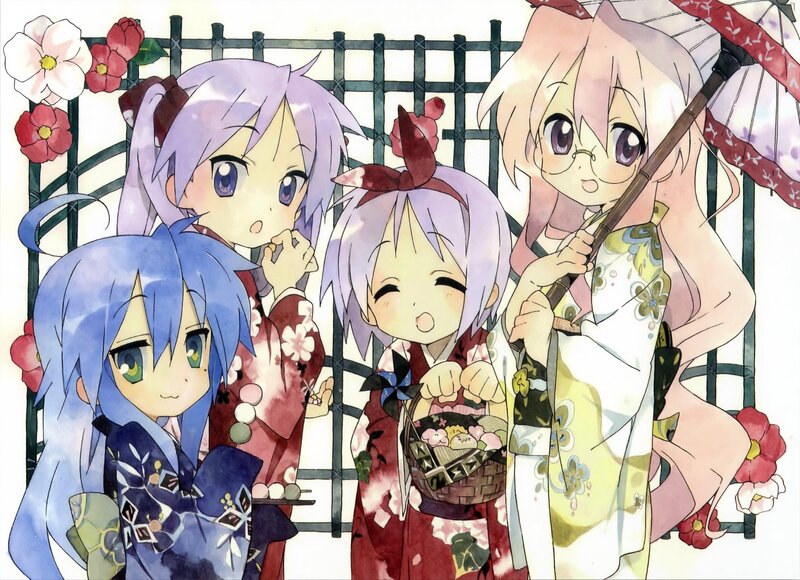 Four girls in kimonos with flowers