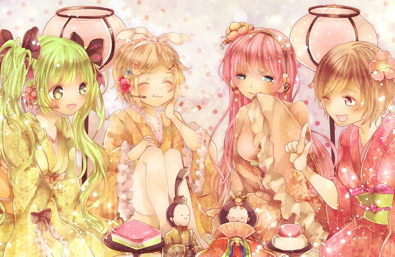 Four girls in kimonos with lanterns